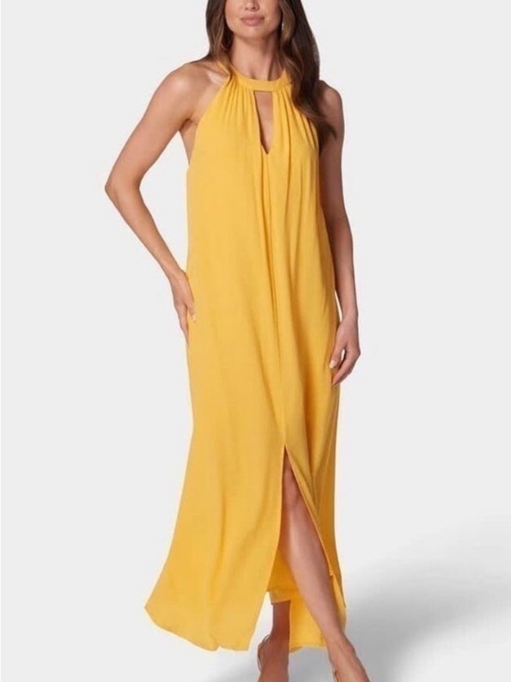 bebe Halter Keyhole Maxi Dress in Yellow